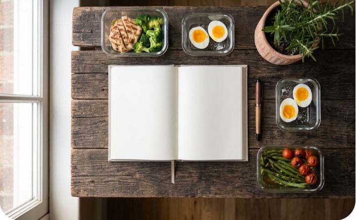Haftalık keto öğün hazırlığı ve boş bir planlayıcı defter