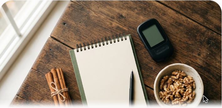 Keto diyeti ve insülin direncini simgeleyen kan şekeri ölçüm cihazı, tarçın ve ceviz