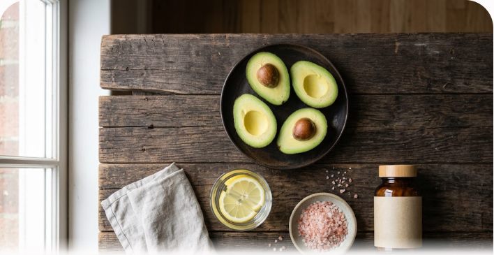 Keto gribi ve elektrolit dengesi için limonlu su, tuz ve avokado
