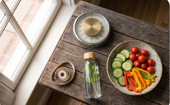 Keto platosunu aşmak için mezura, tartı ve taze sebzeler