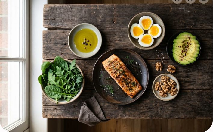 Ketojenik diyetin temel besinleri: avokado, somon, yumurta ve zeytinyağı